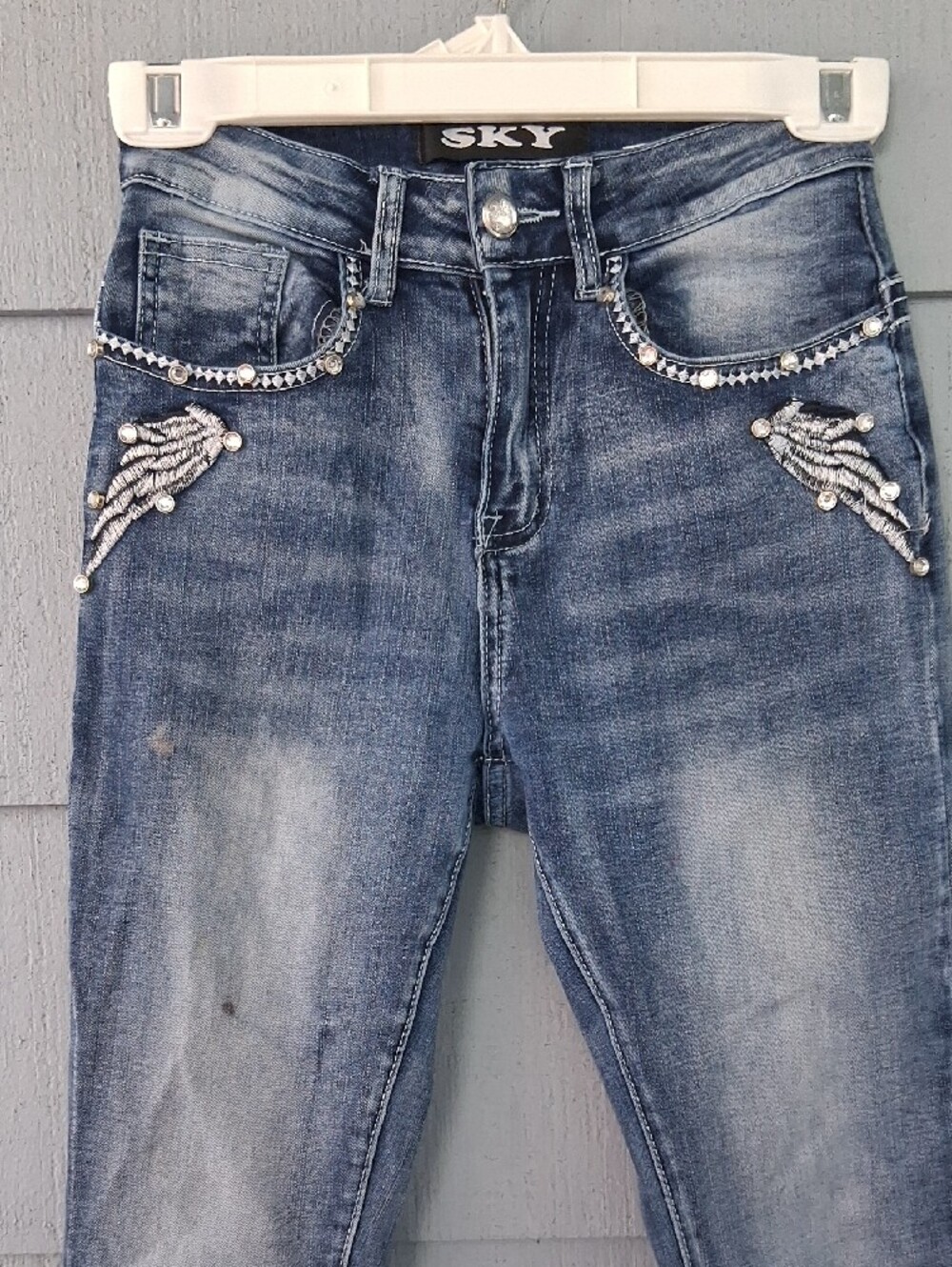 Sky Denim Jeans with Studded Winged Skull Pocket - Picture 5 of 8